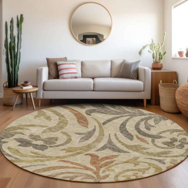 8' Beige Taupe And Copper Round Floral Washable Indoor Outdoor Area Rug