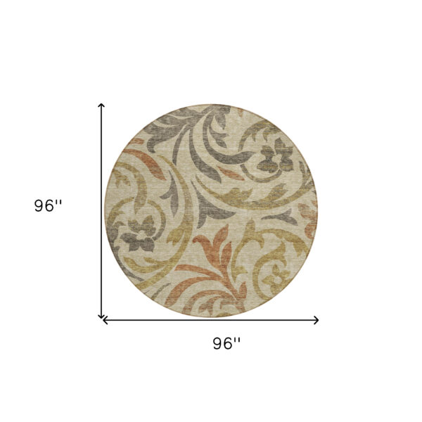 8' Beige Taupe And Copper Round Floral Washable Indoor Outdoor Area Rug
