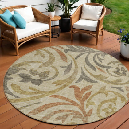 8' Beige Taupe And Copper Round Floral Washable Indoor Outdoor Area Rug