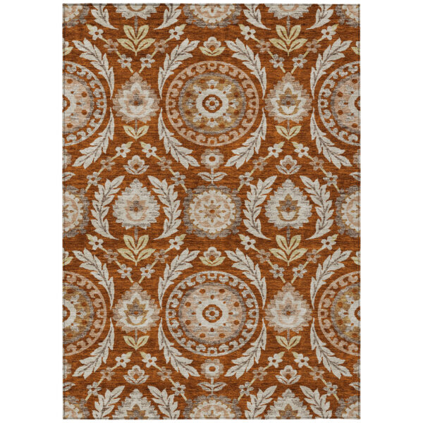 3' X 5' Orange Taupe And Gold Floral Washable Indoor Outdoor Area Rug