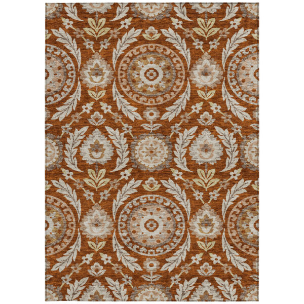 3' X 5' Orange Taupe And Gold Floral Washable Indoor Outdoor Area Rug