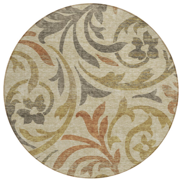 8' Beige Taupe And Copper Round Floral Washable Indoor Outdoor Area Rug