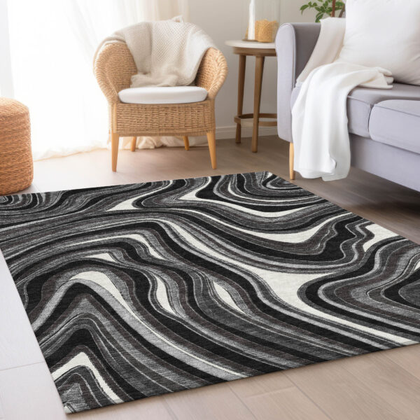 3' X 5' Black Gray And White Abstract Washable Indoor Outdoor Area Rug