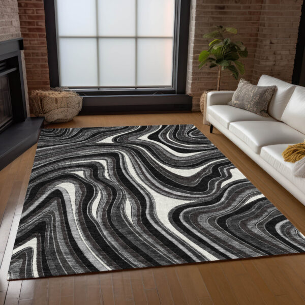 3' X 5' Black Gray And White Abstract Washable Indoor Outdoor Area Rug
