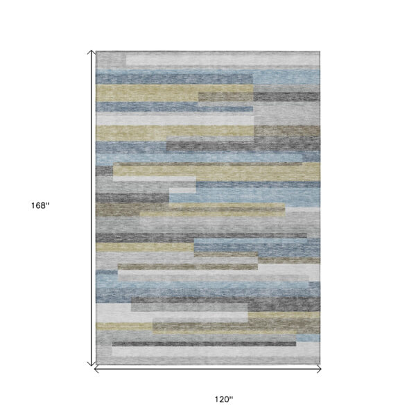 10' X 14' Gray Denim Blue And Sky Blue Striped Washable Indoor Outdoor Area Rug