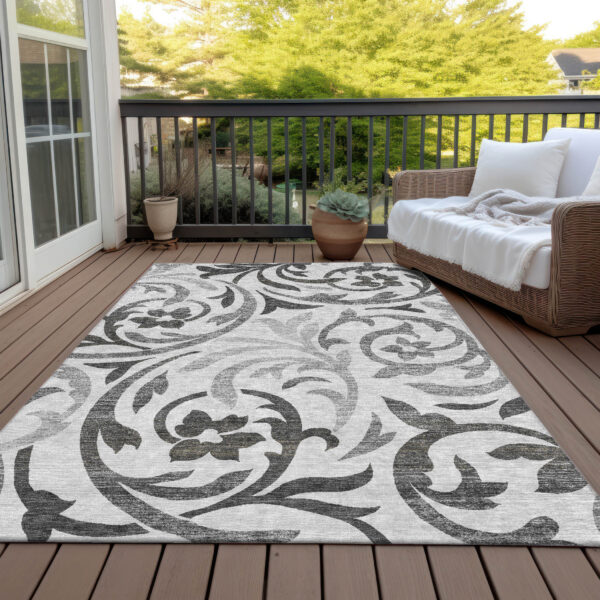 10' X 14' Gray Charcoal And Silver Floral Washable Indoor Outdoor Area Rug