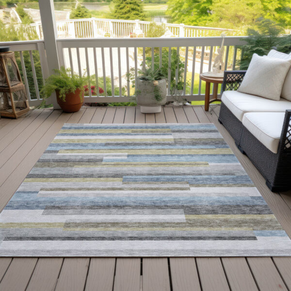 10' X 14' Gray Denim Blue And Sky Blue Striped Washable Indoor Outdoor Area Rug