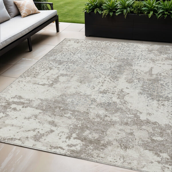 5' X 8' Ivory Beige And Taupe Floral Washable Indoor Outdoor Area Rug