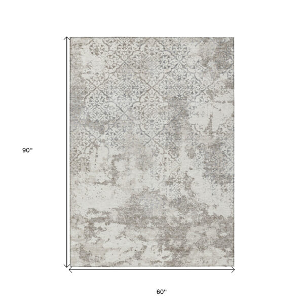 5' X 8' Ivory Beige And Taupe Floral Washable Indoor Outdoor Area Rug