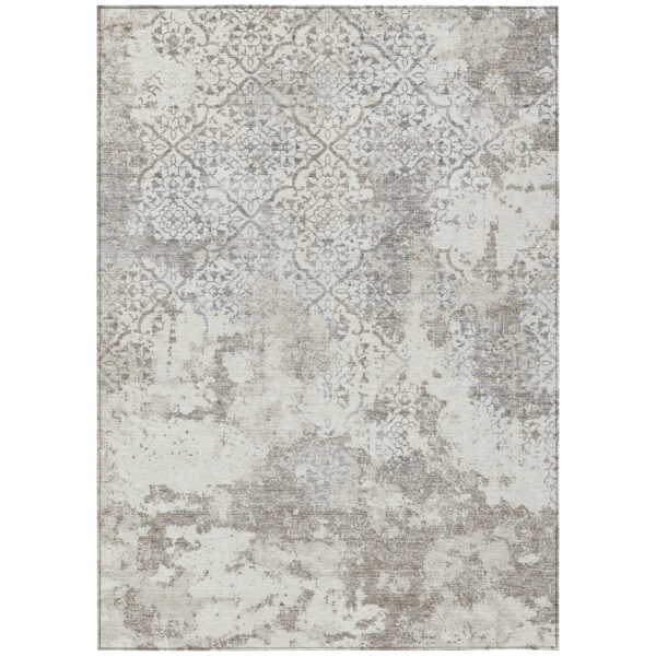 5' X 8' Ivory Beige And Taupe Floral Washable Indoor Outdoor Area Rug