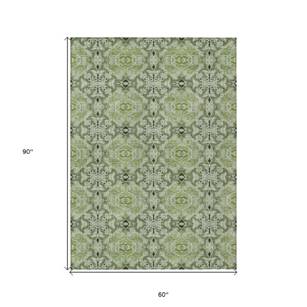 5' X 8' Artichoke Green And Fern Green Medallion Washable Indoor Outdoor Area Rug