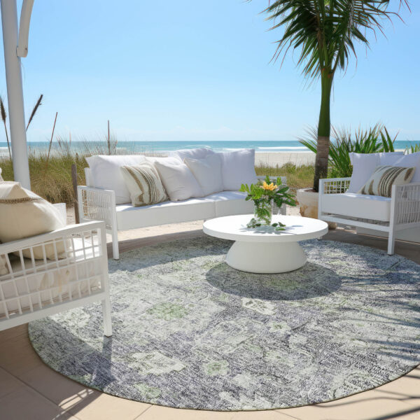 8' Plum Purple And Olive Green Round Oriental Washable Indoor Outdoor Area Rug