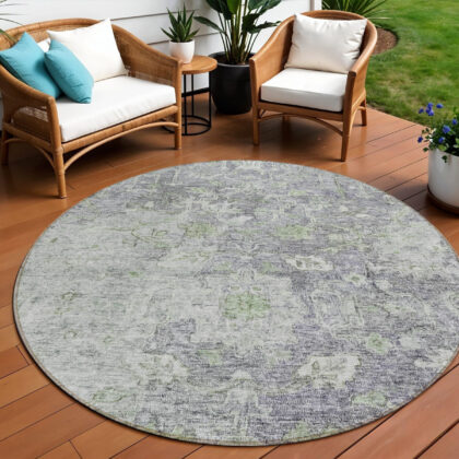 8' Plum Purple And Olive Green Round Oriental Washable Indoor Outdoor Area Rug