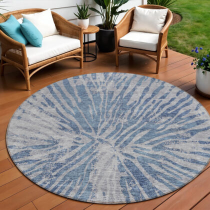 8' Blue Gray And Silver Round Abstract Washable Indoor Outdoor Area Rug