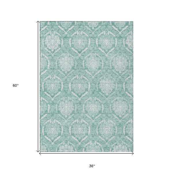 3' X 5' Turquoise Teal Blue And Ivory Medallion Washable Indoor Outdoor Area Rug