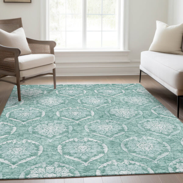 3' X 5' Turquoise Teal Blue And Ivory Medallion Washable Indoor Outdoor Area Rug