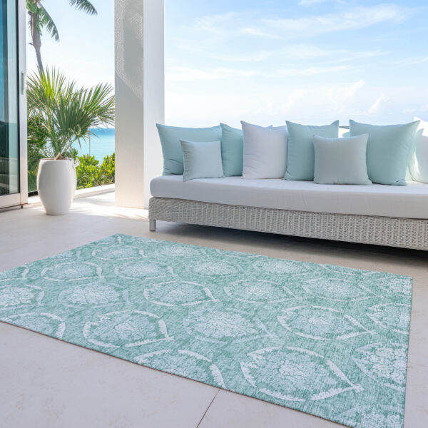 3' X 5' Turquoise Teal Blue And Ivory Medallion Washable Indoor Outdoor Area Rug
