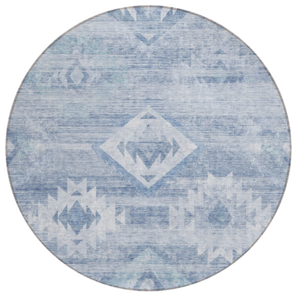 8' Denim Blue And Sky Blue Round Southwestern Washable Indoor Outdoor Area Rug