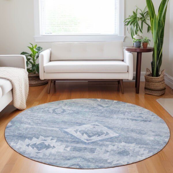 8' Denim Blue And Sky Blue Round Southwestern Washable Indoor Outdoor Area Rug