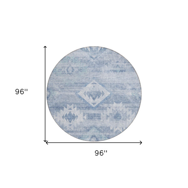 8' Denim Blue And Sky Blue Round Southwestern Washable Indoor Outdoor Area Rug