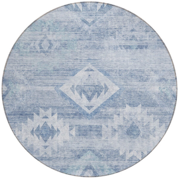 8' Denim Blue And Sky Blue Round Southwestern Washable Indoor Outdoor Area Rug