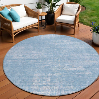 8' Navy Blue And Sky Blue Round Abstract Washable Indoor Outdoor Area Rug