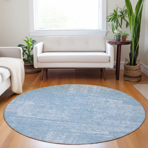 8' Navy Blue And Sky Blue Round Abstract Washable Indoor Outdoor Area Rug