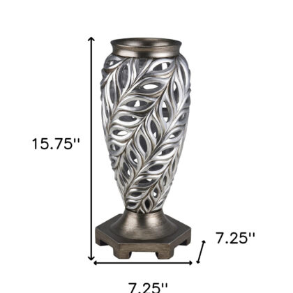 16" Gray and Silver Leaf Polyresin Round Urn Vase
