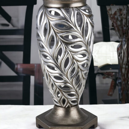 16" Gray and Silver Leaf Polyresin Round Urn Vase