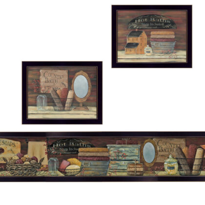 Set Of Three Country Bath 6 Black Framed Print Bathroom Wall Art