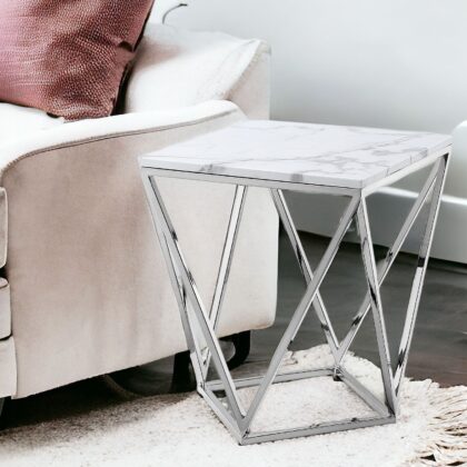 22" Silver Metallic and White Stone End Table