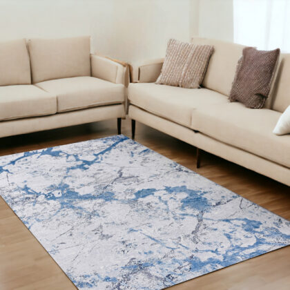 5' x 7' Blue and Silver Abstract Printed Washable Non Skid Area Rug