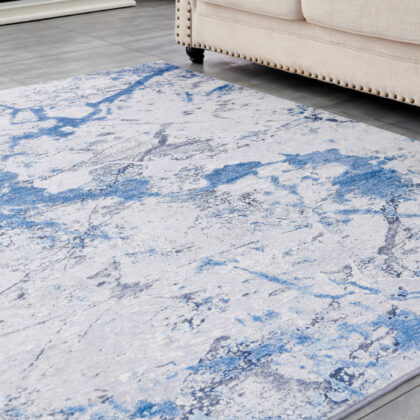 5' x 7' Blue and Silver Abstract Printed Washable Non Skid Area Rug
