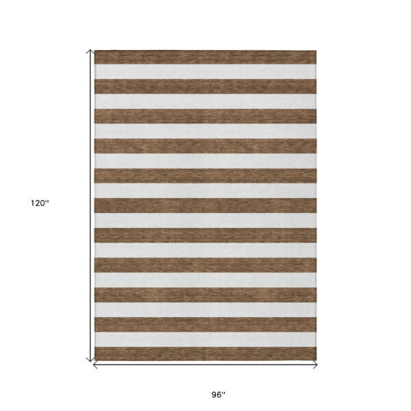 8' X 10' Chocolate Striped Washable Non Skid Indoor Outdoor Area Rug
