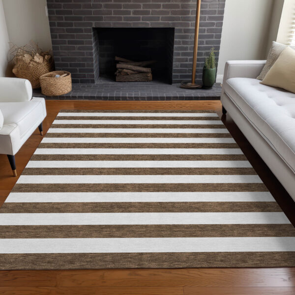 8' X 10' Chocolate Striped Washable Non Skid Indoor Outdoor Area Rug