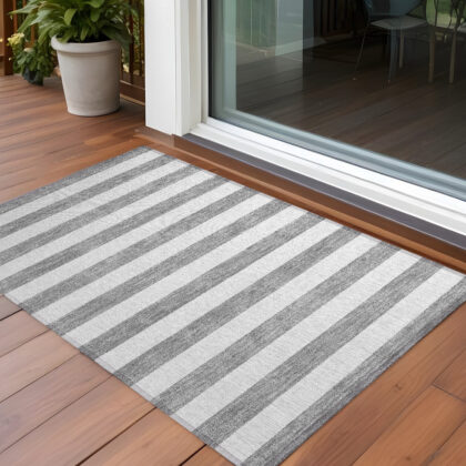 2' X 3' Gray and White Striped Washable Non Skid Indoor Outdoor Area Rug