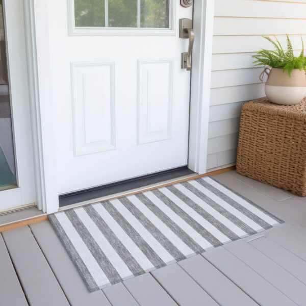 2' X 3' Gray and White Striped Washable Non Skid Indoor Outdoor Area Rug
