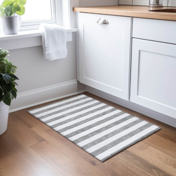 2' X 3' Gray and White Striped Washable Non Skid Indoor Outdoor Area Rug