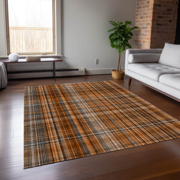 10' X 14' Terra Cotta Plaid Washable Non Skid Indoor Outdoor Area Rug