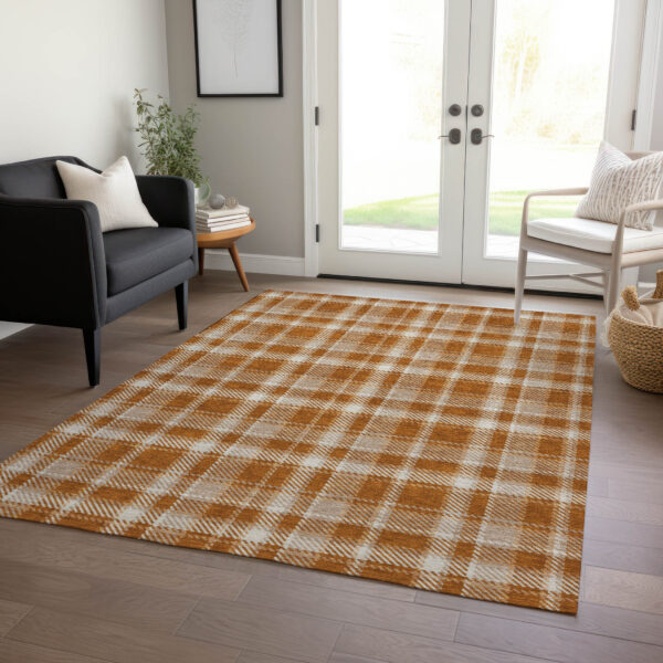9' X 12' Orange and Ivory Plaid Washable Non Skid Indoor Outdoor Area Rug