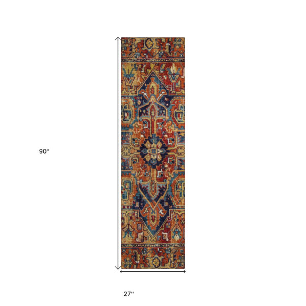 8' Runner Red Orange and Blue Oriental Washable Non Skid Indoor Outdoor Runner Rug