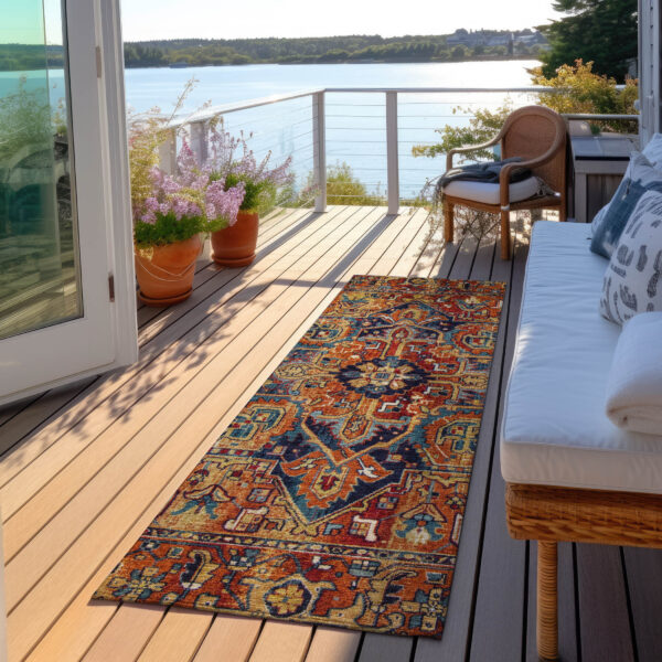 8' Runner Red Orange and Blue Oriental Washable Non Skid Indoor Outdoor Runner Rug