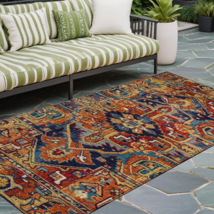 8' Runner Red Orange and Blue Oriental Washable Non Skid Indoor Outdoor Runner Rug