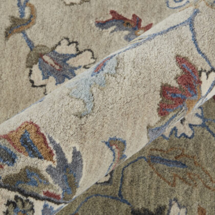 4' X 6' Ivory Taupe And Blue Wool Floral Tufted Handmade Stain Resistant Area Rug