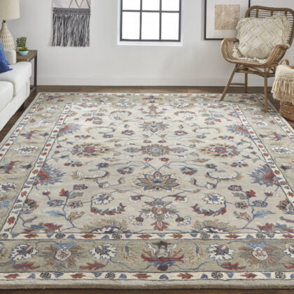 4' X 6' Ivory Taupe And Blue Wool Floral Tufted Handmade Stain Resistant Area Rug