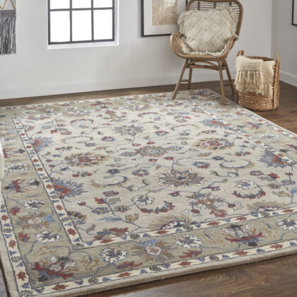 4' X 6' Ivory Taupe And Blue Wool Floral Tufted Handmade Stain Resistant Area Rug