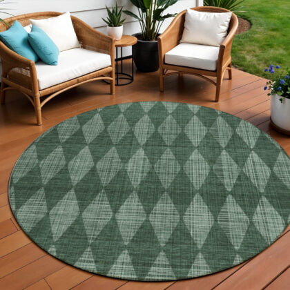 8' Olive Green And Charcoal Round Geometric Washable Indoor Outdoor Area Rug