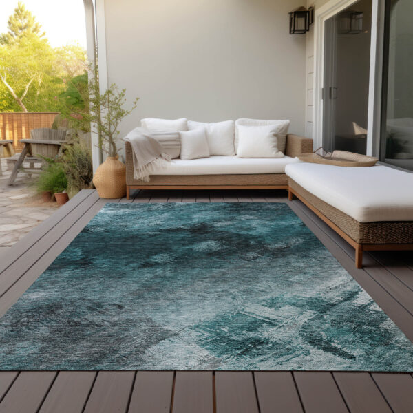5' X 8' Teal Blue Aqua And Gray Abstract Washable Indoor Outdoor Area Rug