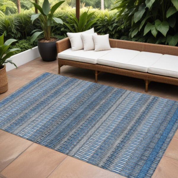 8' X 10' Denim Blue And Ivory Striped Washable Indoor Outdoor Area Rug