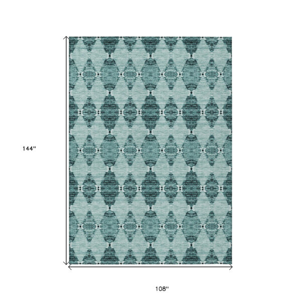 9' X 12' Teal Blue Aqua And Charcoal Moroccan Washable Indoor Outdoor Area Rug